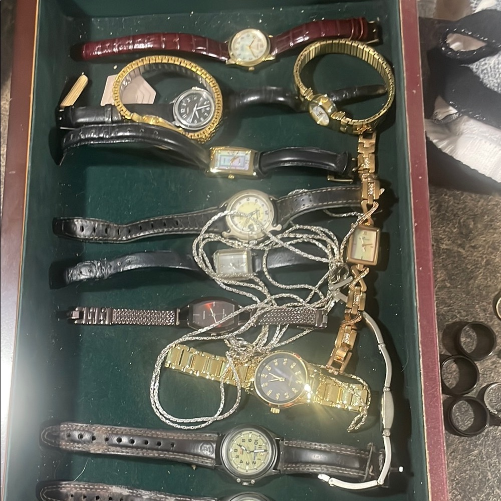 Assorted Elegant Black and Gold Women’s Watches and Necklace